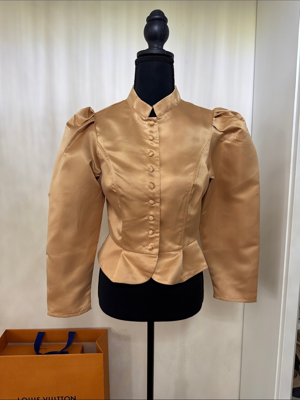 Women's Satin Peplum Blazer in Camel